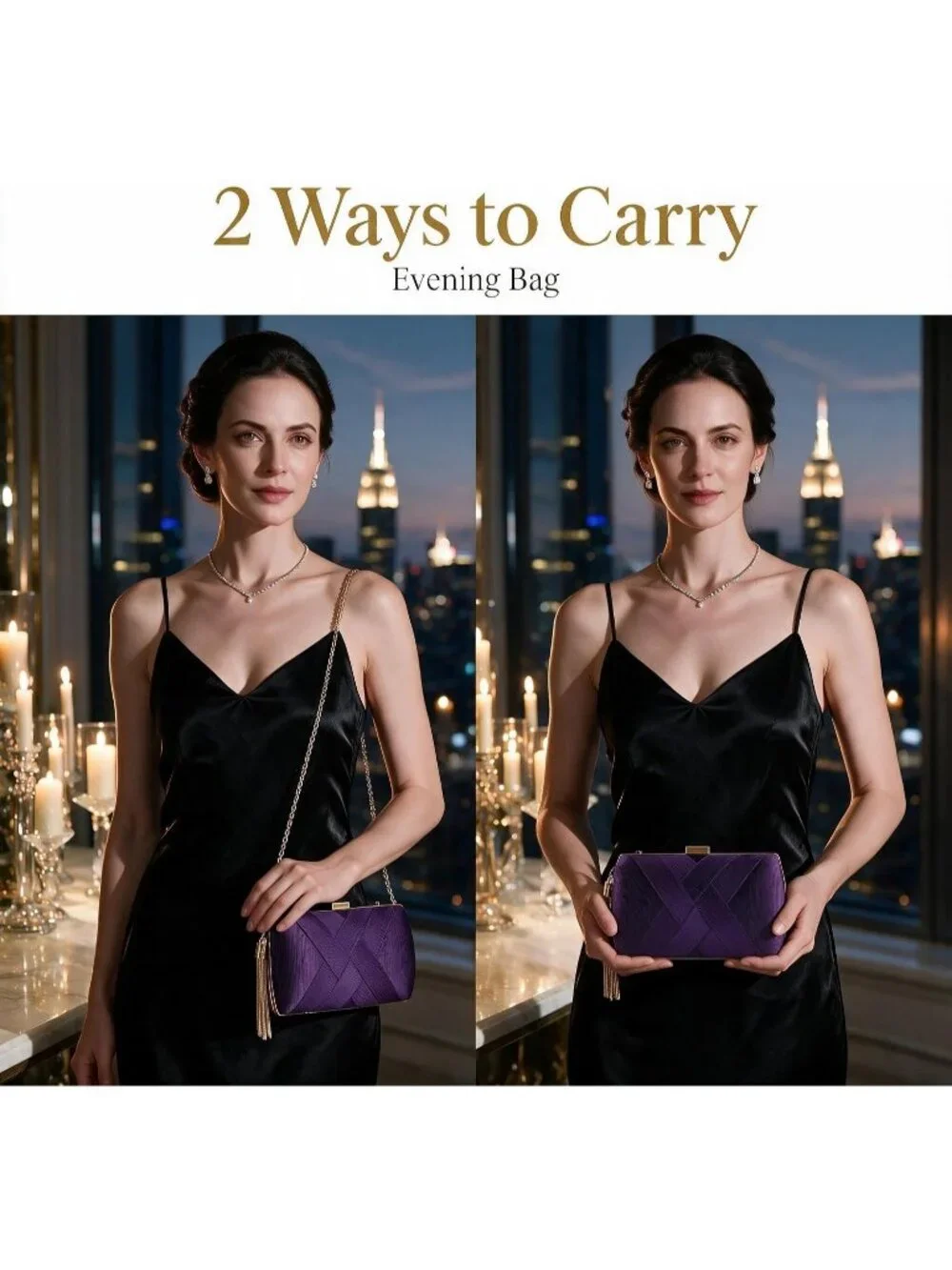 Women's Purple Silk Satin Clutch Purse Pearl Tassel With Chain Evening Bag